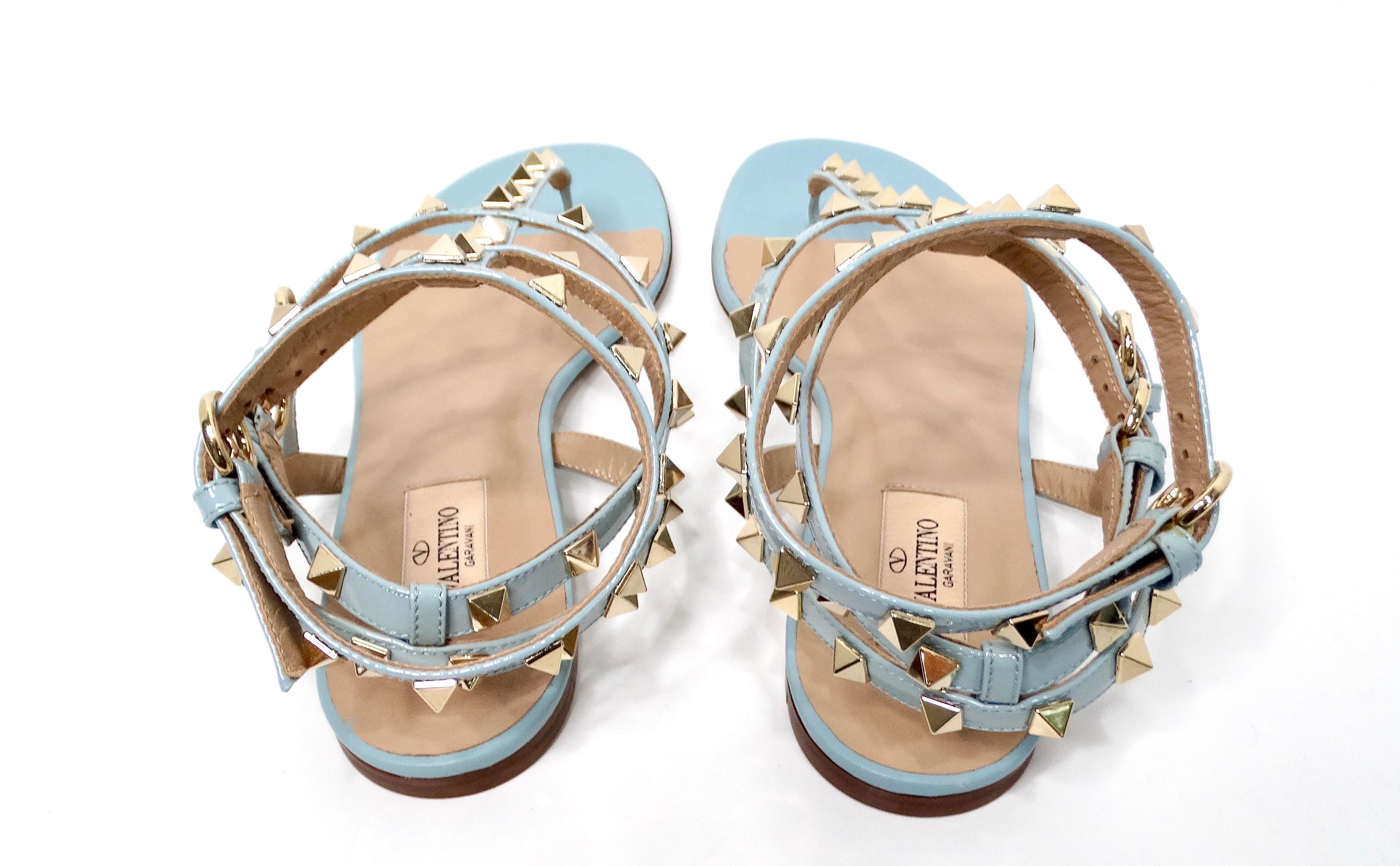 Valentino Garavani Light Blue Rockstud Flat Patent Leather Sandals For Sale 1