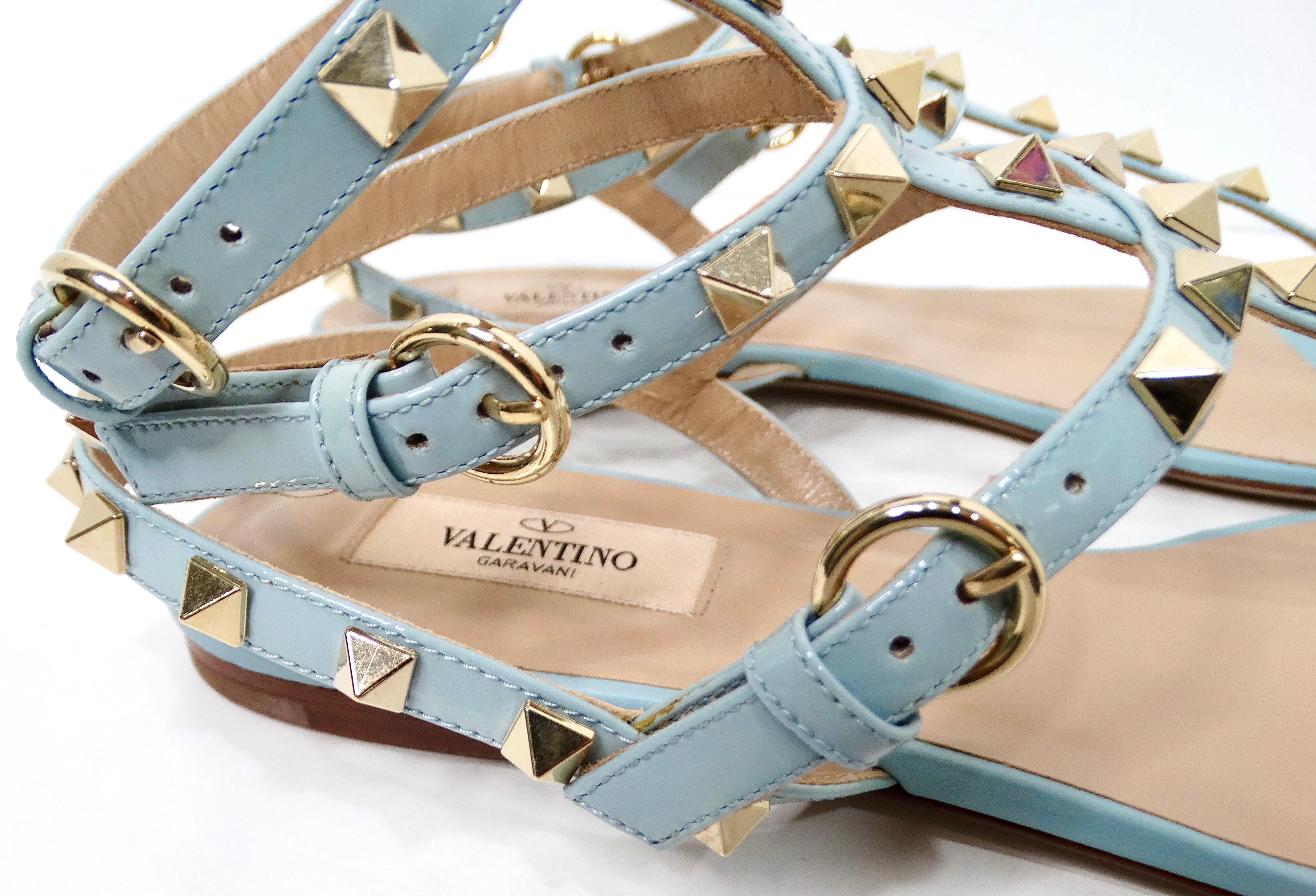 Valentino Garavani Light Blue Rockstud Flat Patent Leather Sandals For Sale 3