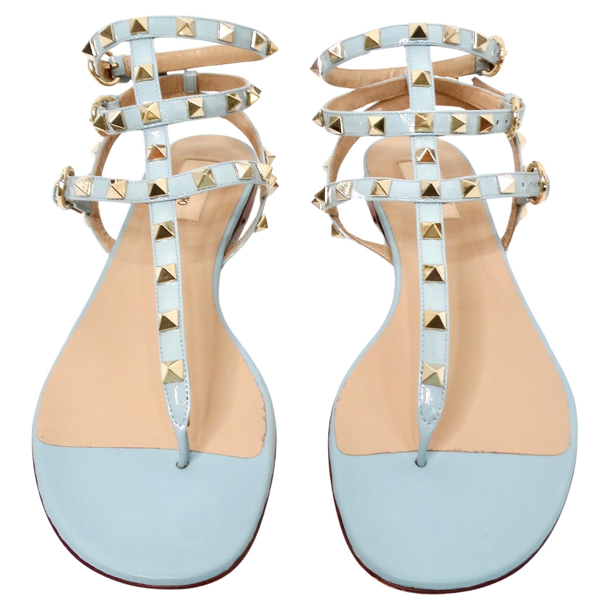 Valentino Garavani Light Blue Rockstud Flat Patent Leather Sandals For Sale