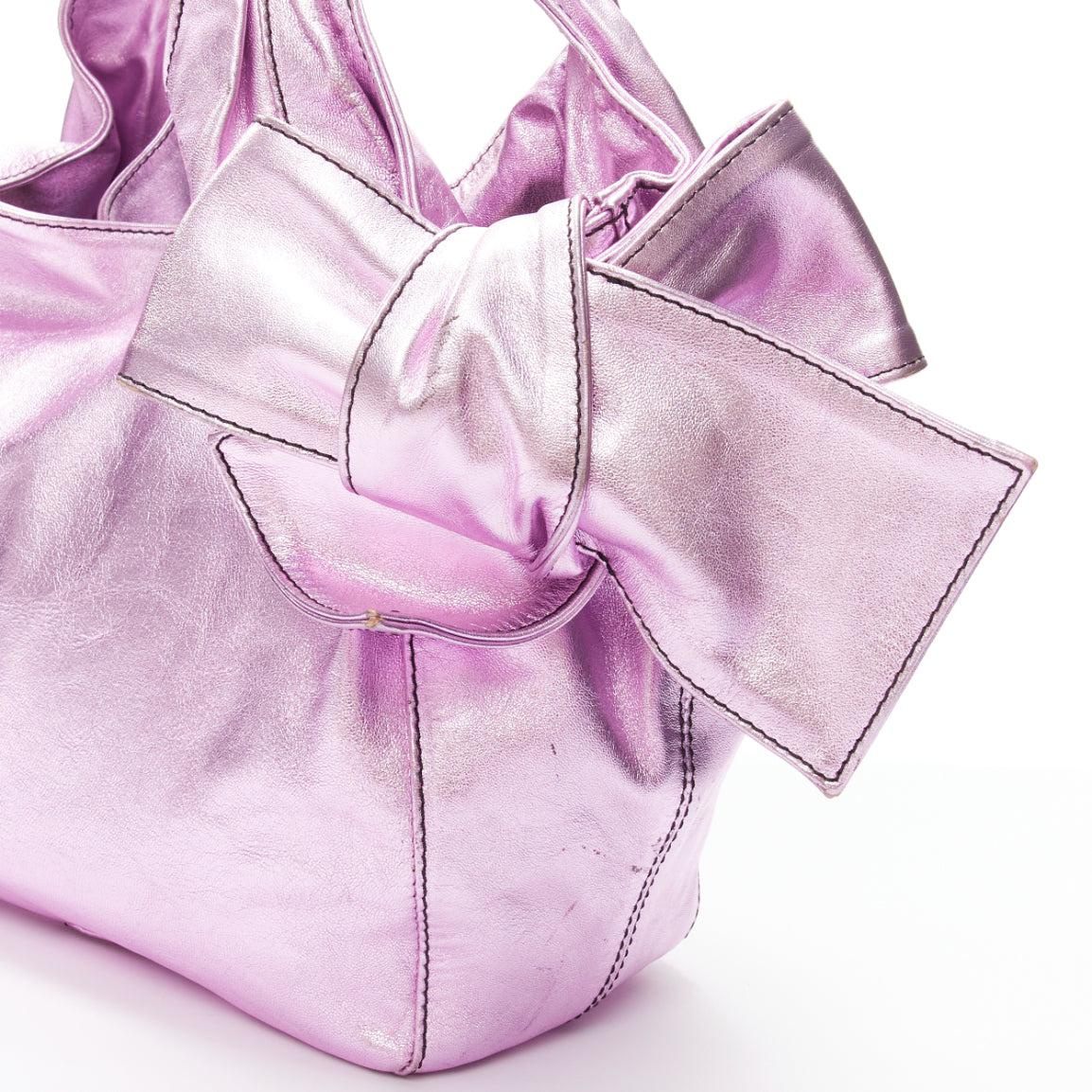 VALENTINO GARAVANI metallic purple leather bow detail hobo tote bag For Sale 3