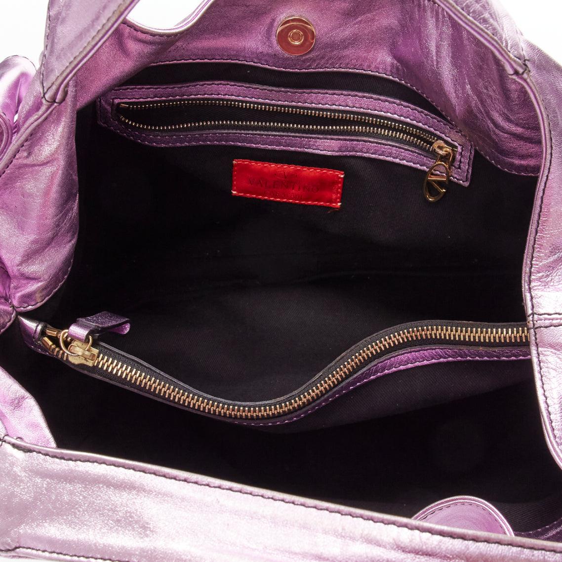 VALENTINO GARAVANI metallic purple leather bow detail hobo tote bag For Sale 4