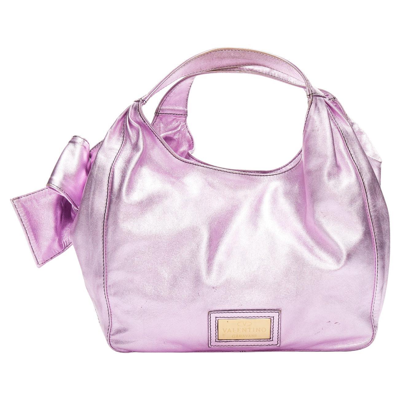 VALENTINO GARAVANI metallic purple leather bow detail hobo tote bag For Sale