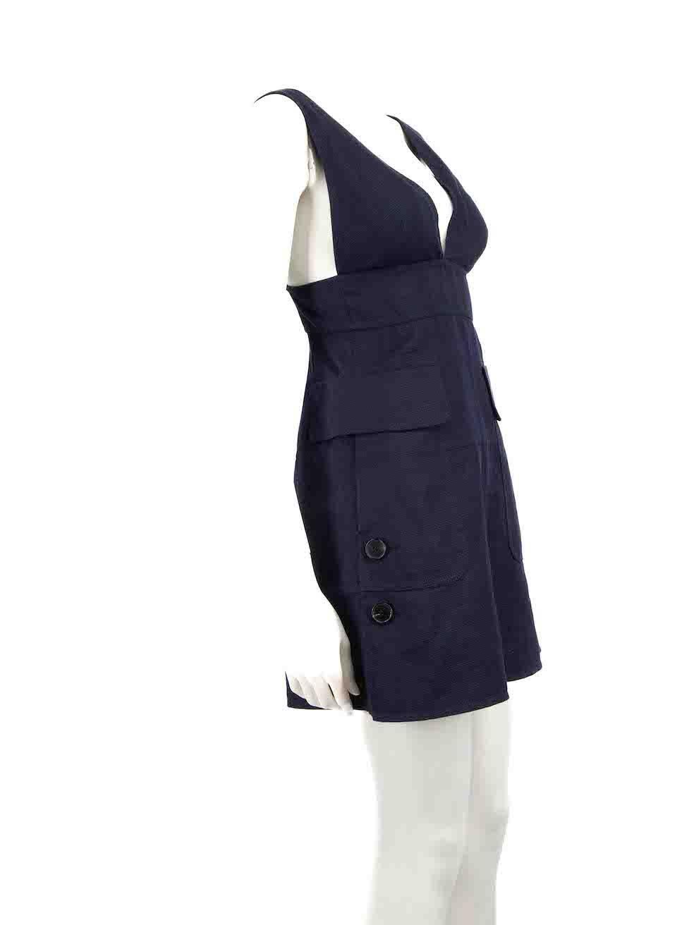 CONDITION is Very good. Minimal wear to dress is evident. Minimal wear to the composition labels at the lining as they have come detached to one side on this used Valentino designer resale item.
 
 Details
 Navy
 Cotton
 Dress
 Plunge neck
 Mini
