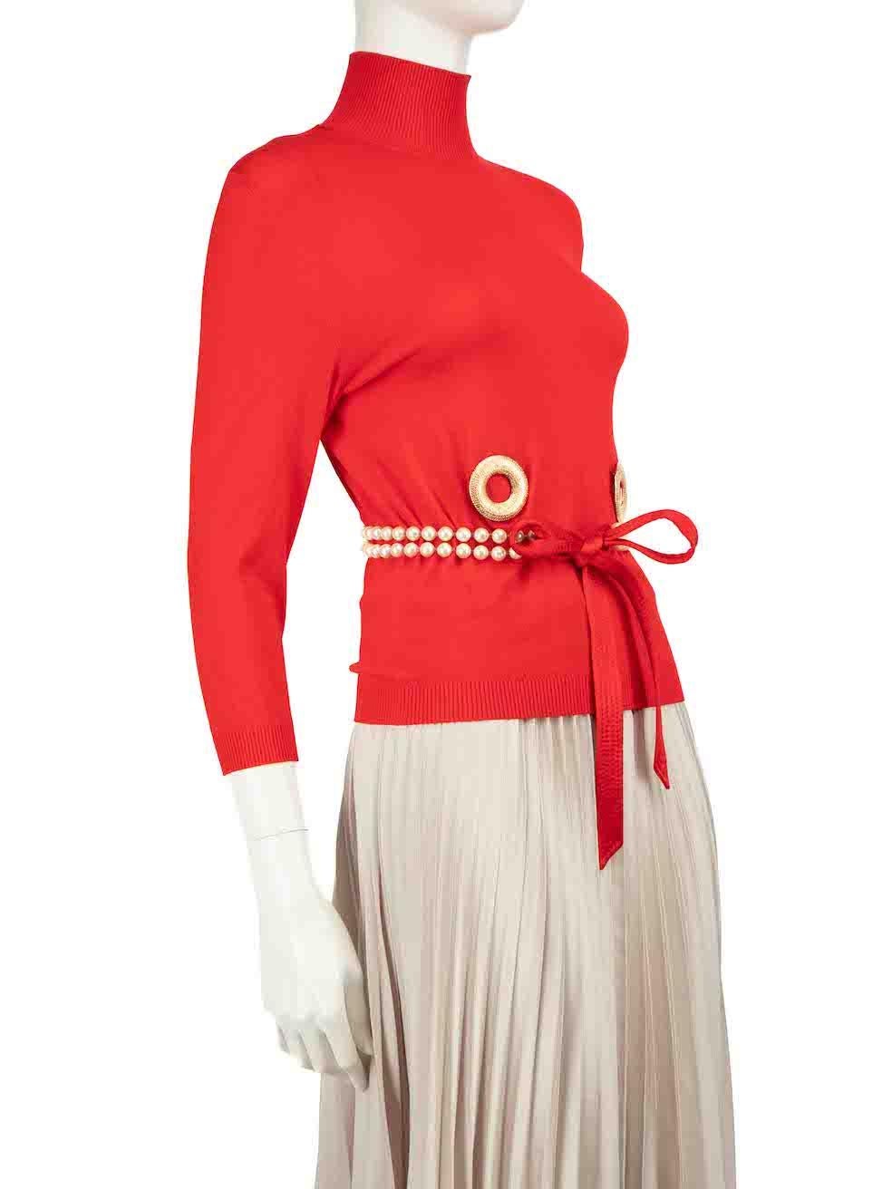CONDITION is Very good. Minimal wear to top is evident. Light pull to thread on elbow area of both sleeves and centre back on this used Valentino designer resale item.
 
 
 
 Details
 
 
 Red
 
 Viscose
 
 Top
 
 Long sleeves
 
 Turtleneck
 
 Faux