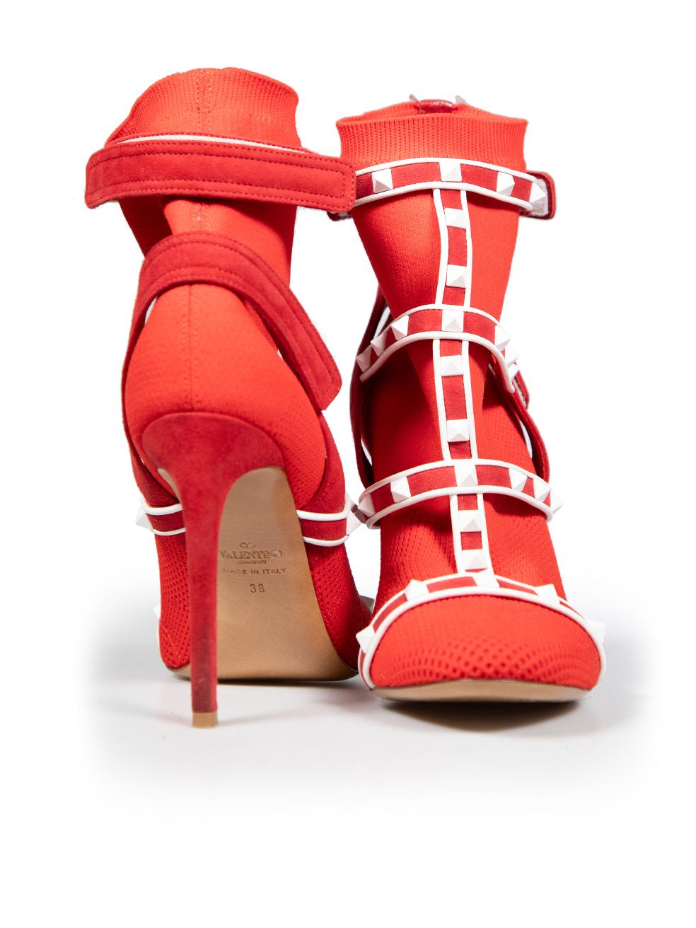 Valentino Garavani Red Rockstud Body-Tech Knit Ankle Boots Size IT 38 In Excellent Condition For Sale In London, GB