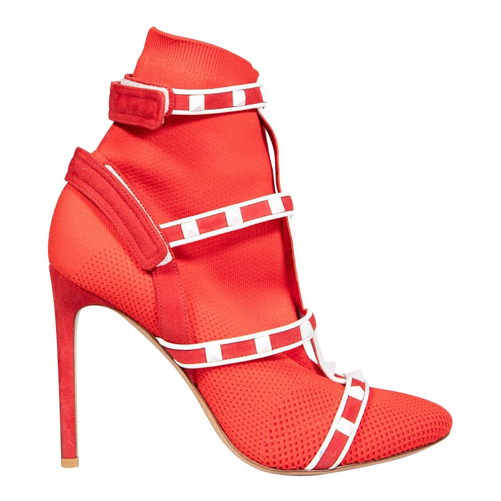 Valentino Garavani Red Rockstud Body-Tech Knit Ankle Boots Size IT 38