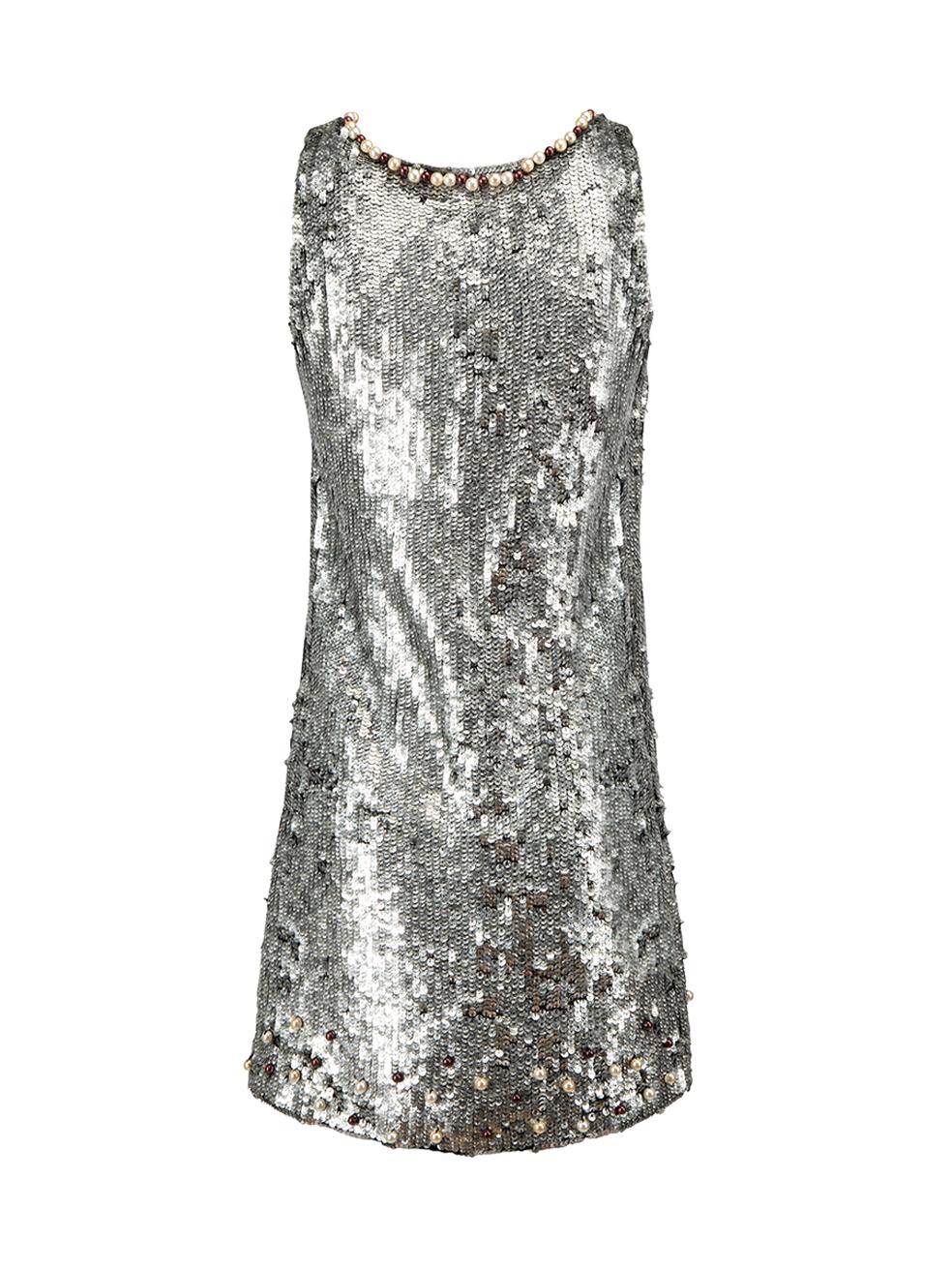 Valentino Garavani RED Valentino Silver Sequin & Beaded Sleeveless Dress Size S In Good Condition For Sale In London, GB