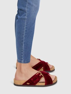 Valentino Garavani Red Velvet Buckle Strap Slides Size IT 36.5