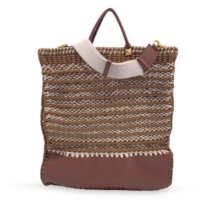 Marron Valentino Garavani Rockstud Brown Leather and Crochet Tote Bag en vente