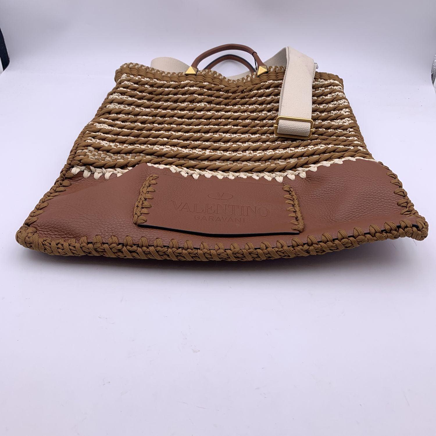 Women's Valentino Garavani Rockstud Brown Leather and Crochet Tote Bag