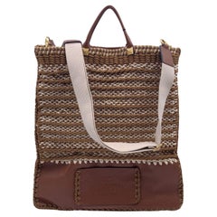 Valentino Garavani Rockstud Brown Leather and Crochet Tote Bag