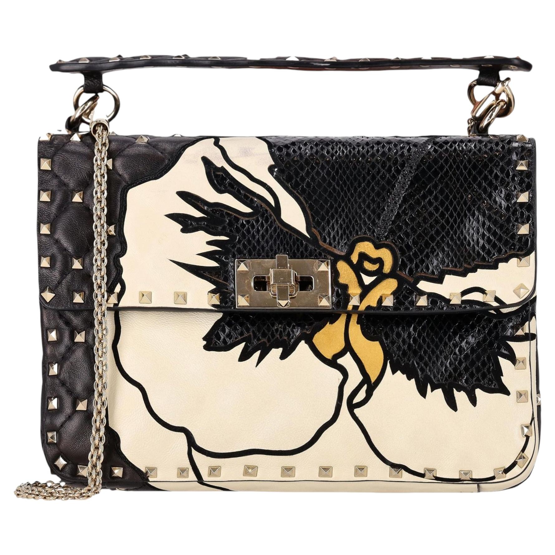 Valentino Garavani Rockstud - Sac en cuir et peau de serpent garni d'appliques florales