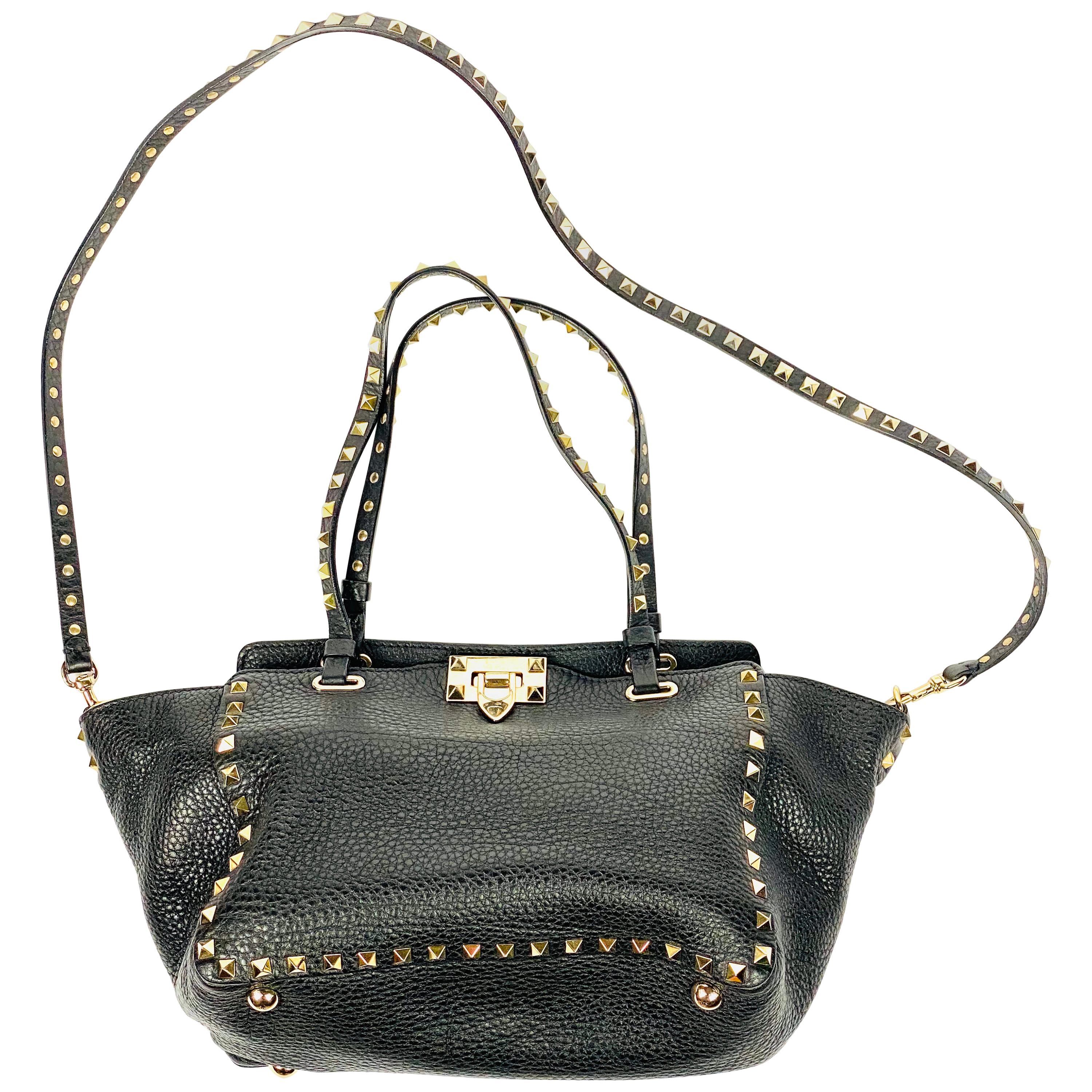 Valentino Garavani Rockstud Mini Vitello Black Leather Tote Shoulder Handbag  For Sale at 1stDibs