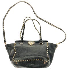  Valentino Garavani Rockstud Mini Vitello Black Leather Tote Shoulder Handbag