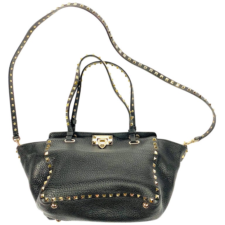 Valentino Garavani Rockstud Mini Vitello Black Leather Tote Shoulder Handbag  For Sale at 1stDibs | rockstud vitello tote bag, valentino pebbled leather  shoulder bag
