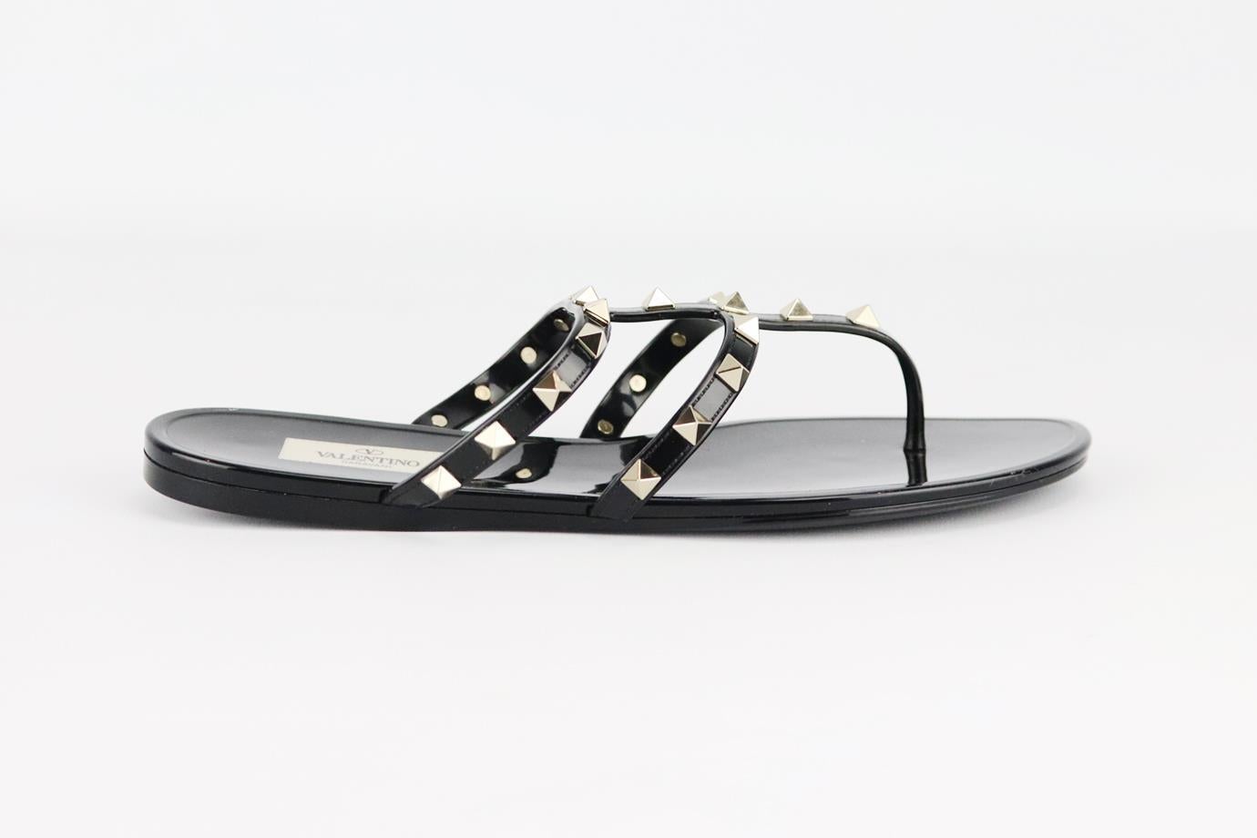 Valentino Garavani Rockstud rubber sandals. Black. Slips on. Does not come with box or dustbag. Size: EU 39 (UK 6, US 9). Insole: 10 in. Heel: 0.5 in
