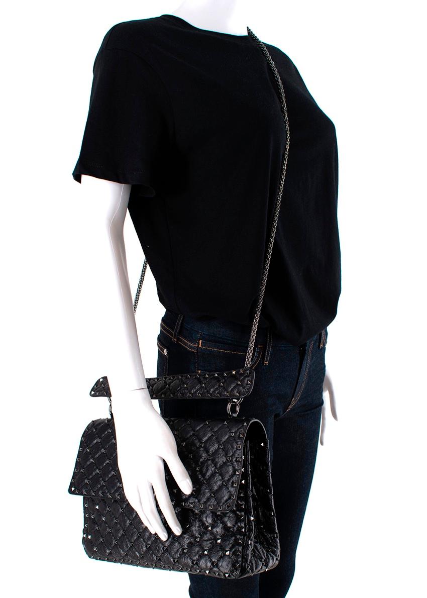 Valentino Garavani Rockstud Spike Medium Black Craquele Leather Bag For Sale 4