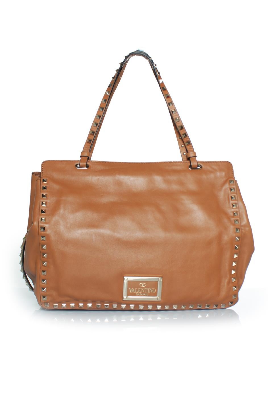 Brown Valentino Garavani, Rockstud tote in camel For Sale