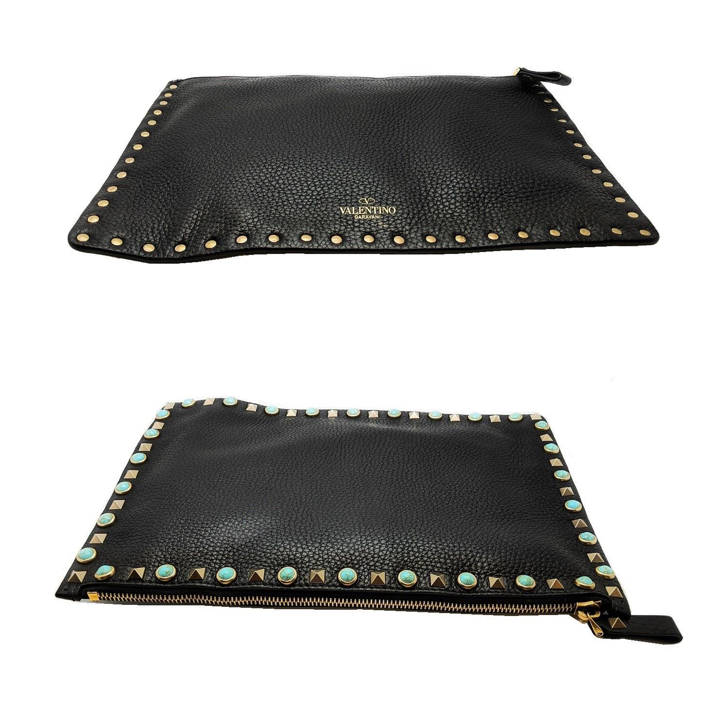 Black Valentino Garavani Rockstud Turquoise Accent Clutch Pouch