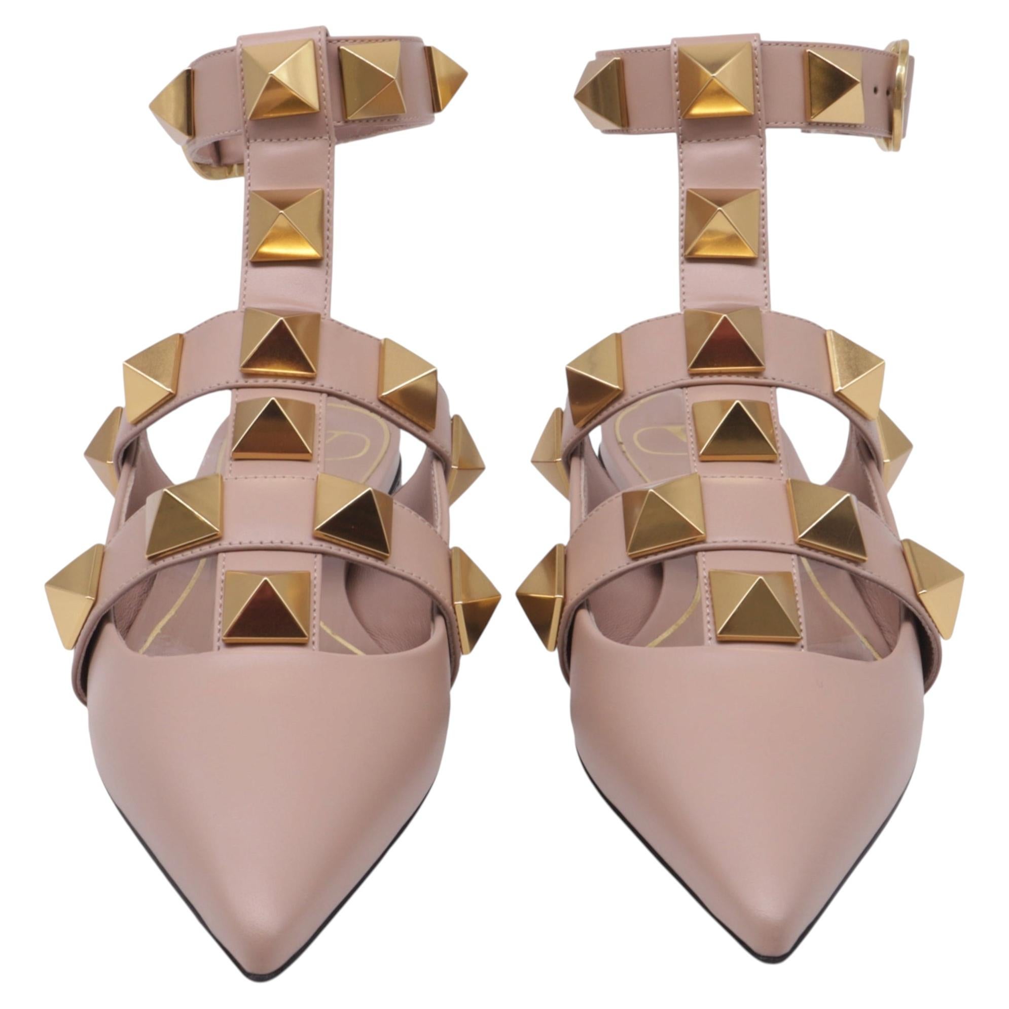 Valentino Garavani Roman Stud Ankle Strap Flats in Beige Leather
