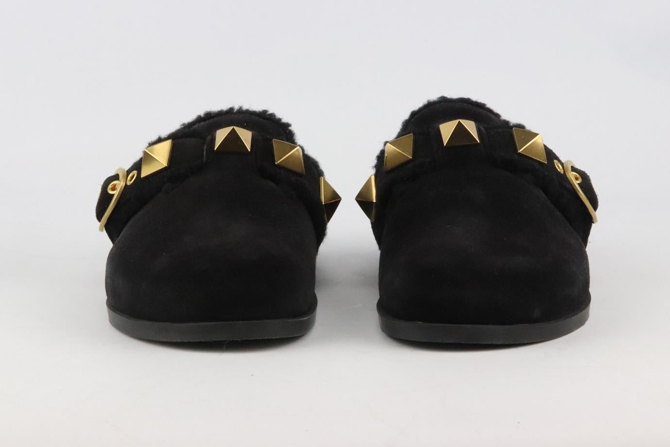These 'Sabot' slippers by Valentino Garavani are designed in this season's trending clog silhouette, decorated with the label's signature oversized embellishments, they're made from smooth suede and have a wool-blend lining that feels so cozy. Heel