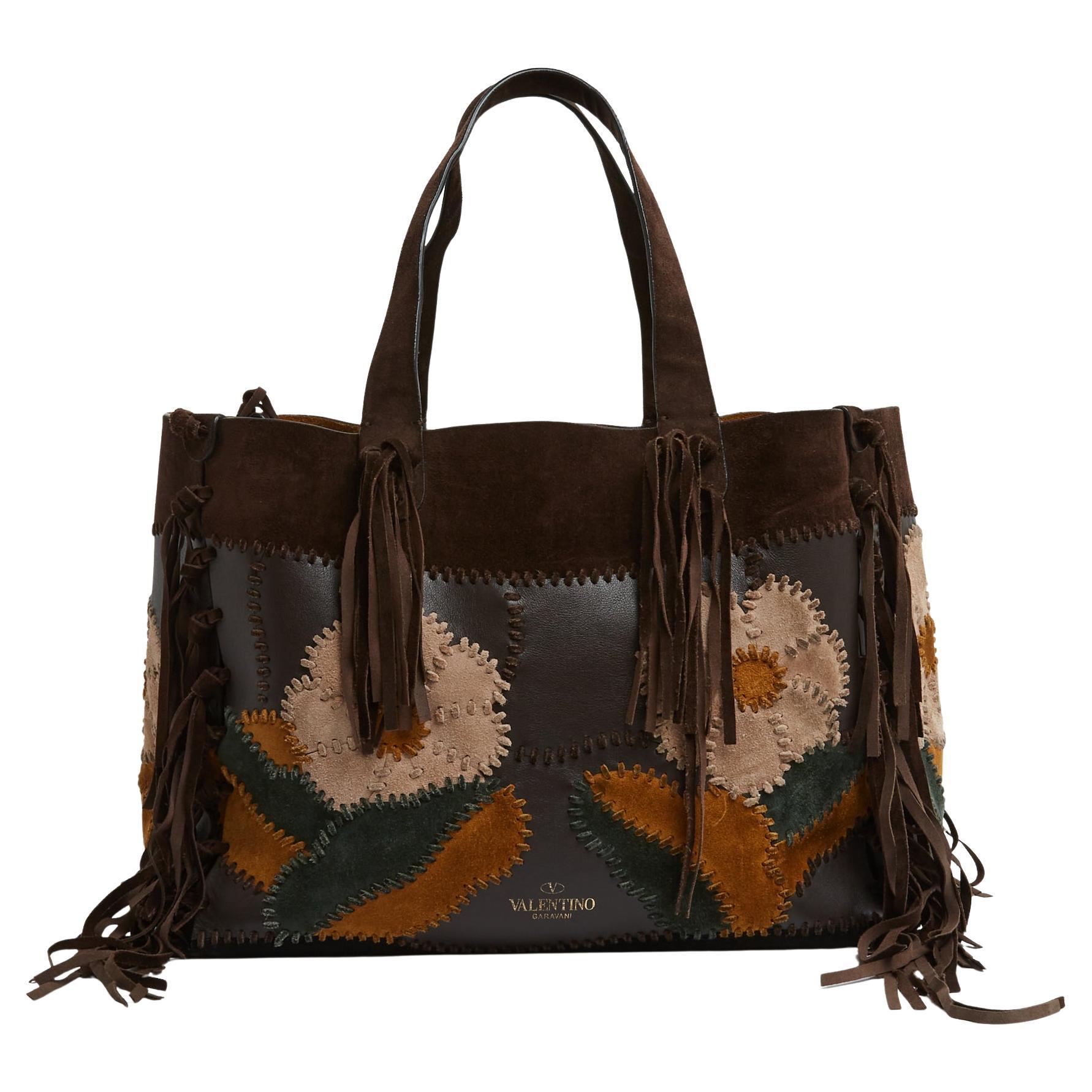 Valentino  Garavani Sac Cabas C-Rockee Suede Flowers Maxi Fringed Tote Bag For Sale