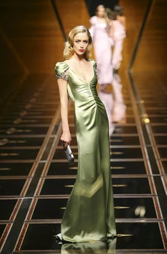 Valentino Garavani Silk Satin Runway Evening Gown with Crystal Cap Sleeves 2007