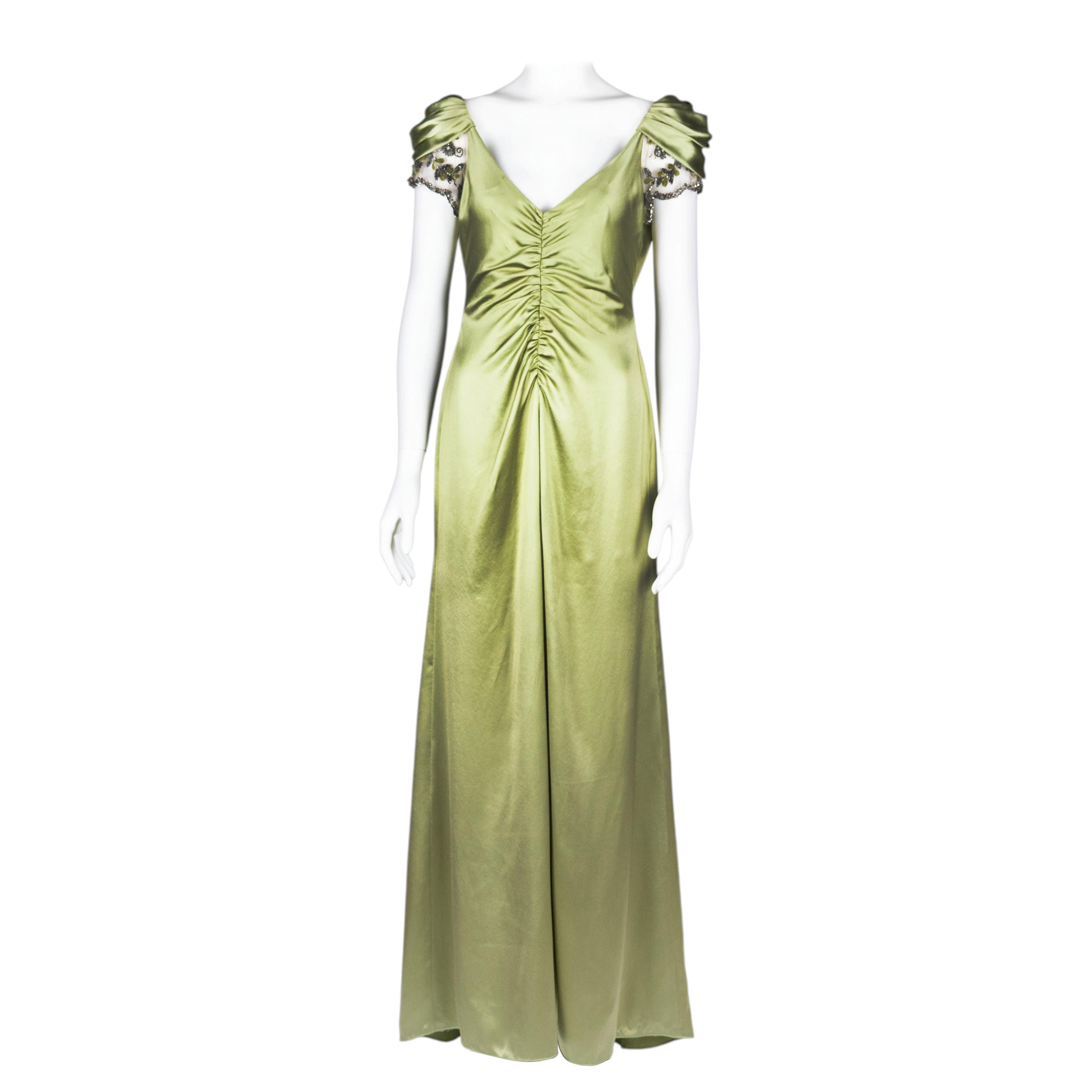 Valentino Garavani Silk Satin Runway Evening Gown with Crystal Cap Sleeves 2007