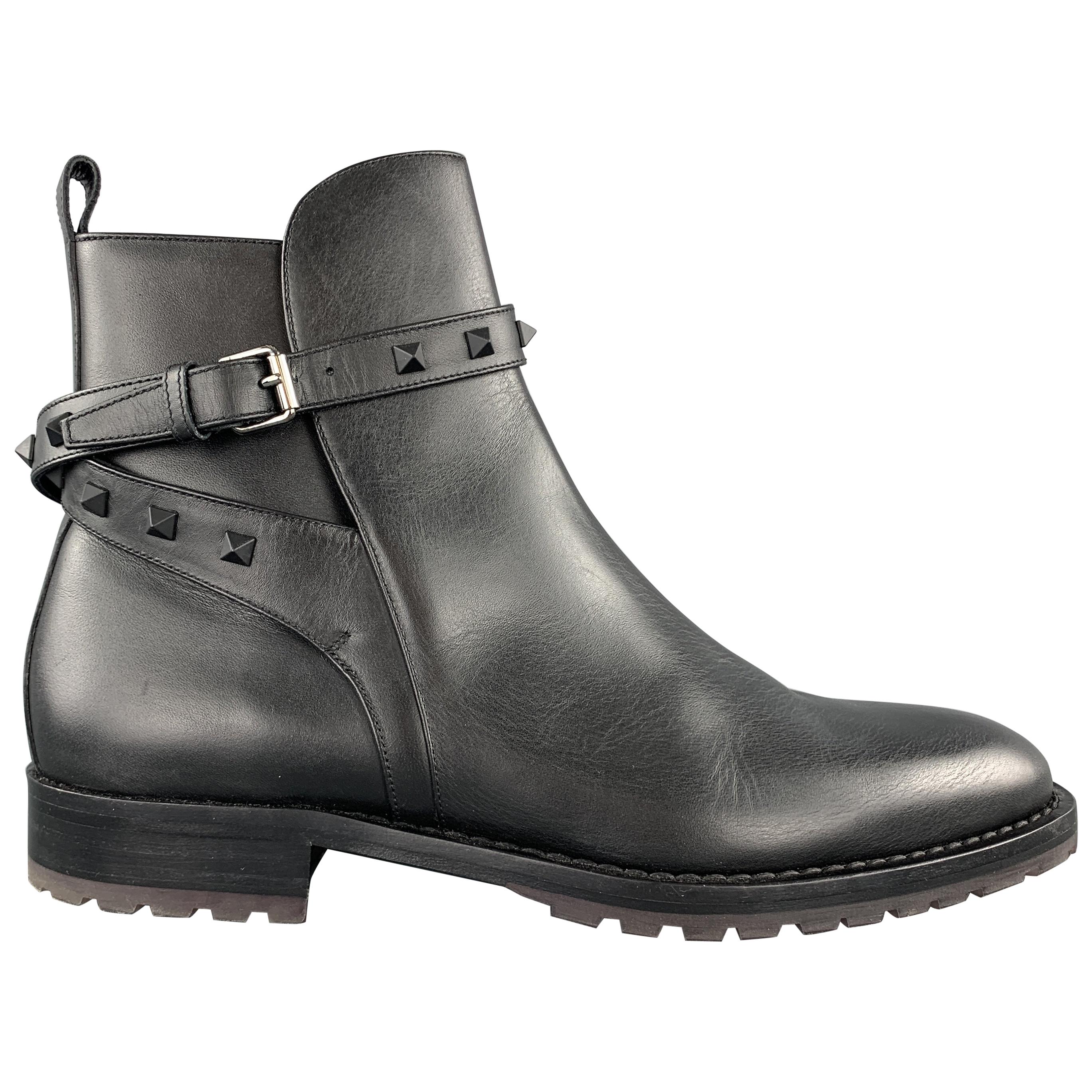VALENTINO GARAVANI Size 11 Black Studded Leather Belted BEATLE Boots