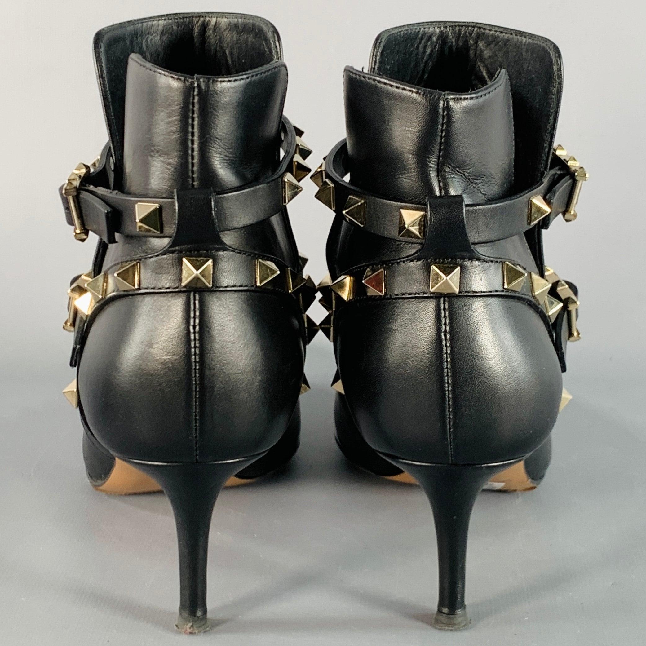 VALENTINO GARAVANI Größe 8.5 Schwarz Leder Rockstud Pointed Toe Stiletto Booties im Zustand „Gut“ im Angebot in San Francisco, CA