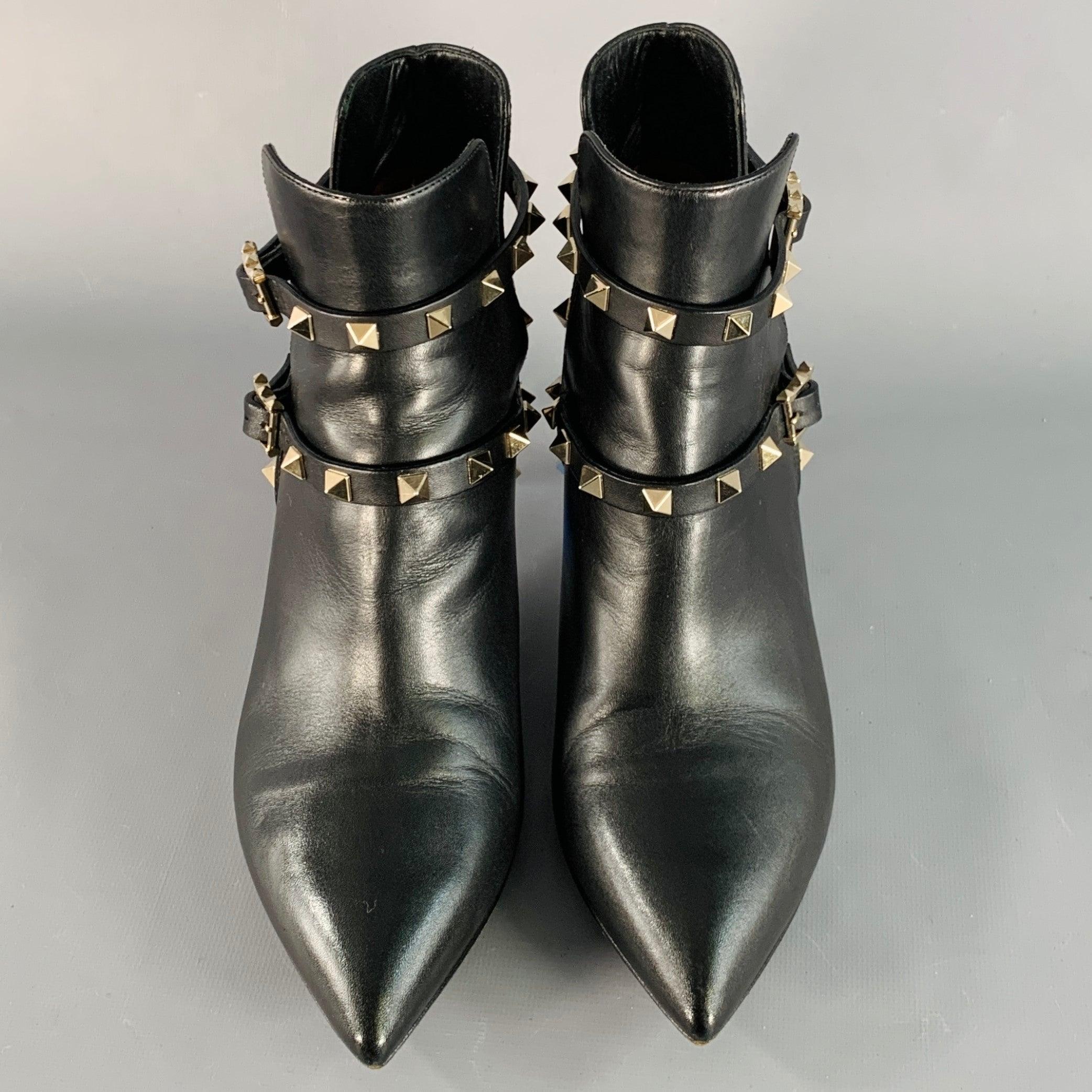 VALENTINO GARAVANI Größe 8.5 Schwarz Leder Rockstud Pointed Toe Stiletto Booties Damen im Angebot
