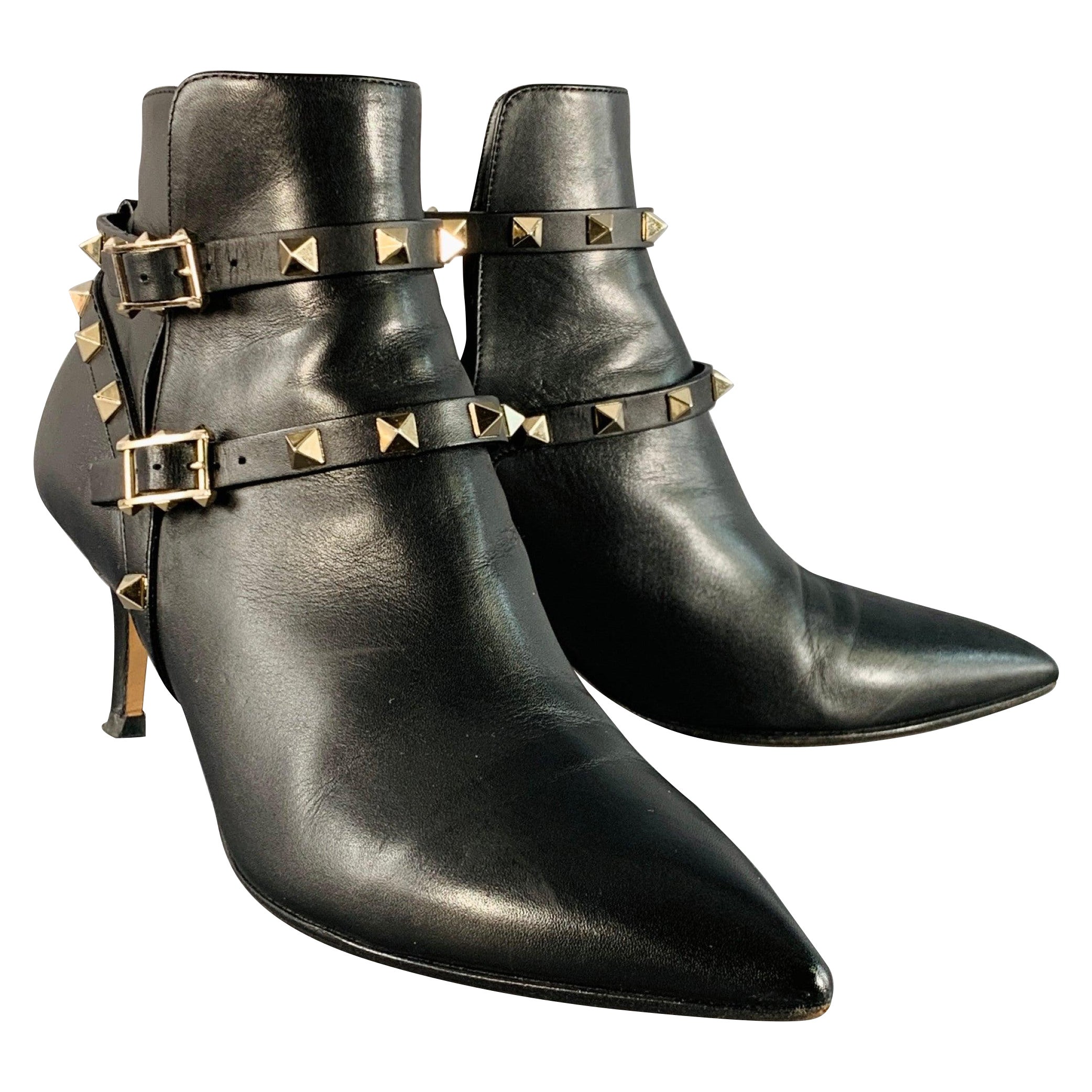 VALENTINO GARAVANI Size 8.5 Black Leather Rockstud Pointed Toe Stiletto Booties