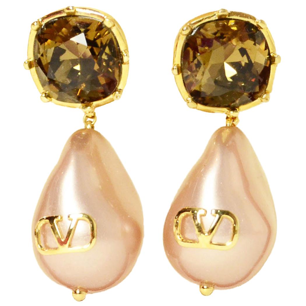 Valentino Garavani V-Logo Crystal & Faux Pearl Pierced Drop Earrings rt. $600