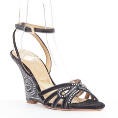 VALENTINO GARAVANI Vintage dark grey crushed velvet crystal wedge sandals EU36