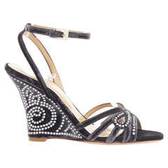 VALENTINO GARAVANI Vintage dark grey crushed velvet crystal wedge sandals EU36