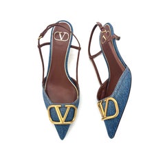 Valentino Garavani VLogo Blue Denim Pointed Toe Slingback Kitten Heel Pumps 37.5