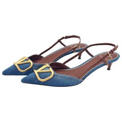 Valentino Garavani VLogo Blue Denim Pointed Toe Slingback Kitten Heel Pumps 37.5