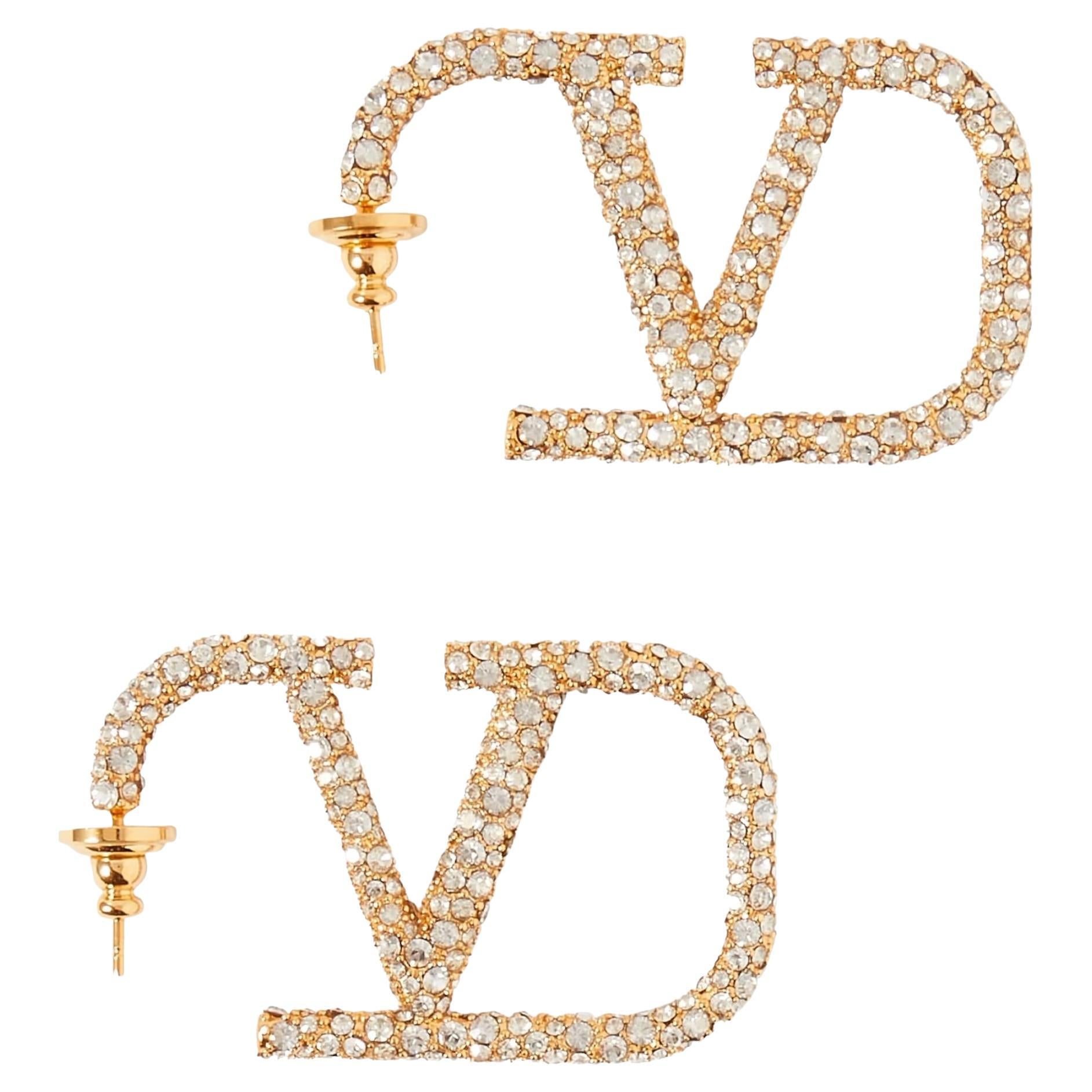 Valentino Garavani Vlogo Signature Gold-Tone Metal Crystal Earrings For Sale