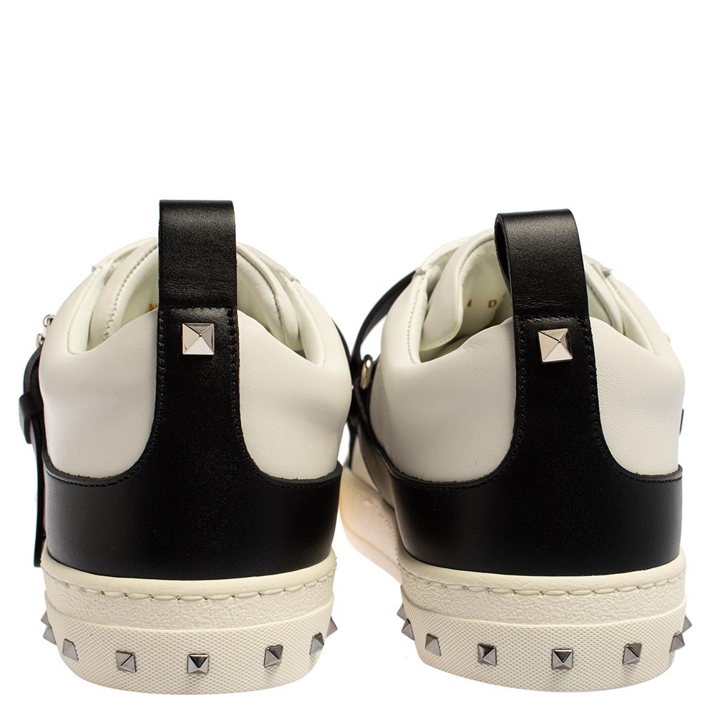Beige Valentino Garavani White/Black Leather Buckle Strap Rockstud Sneakers Size 40