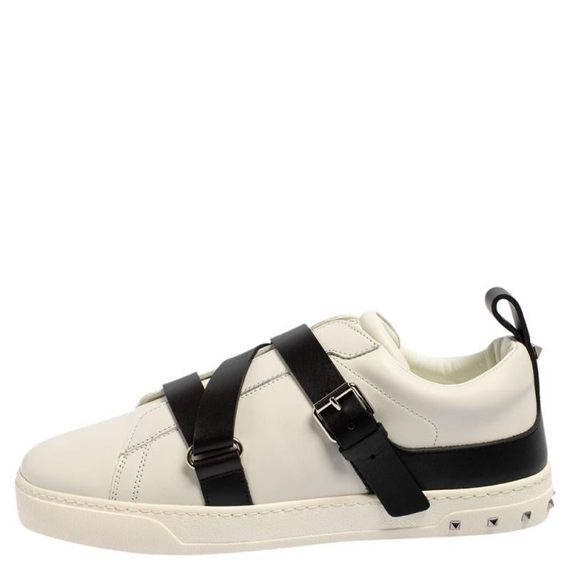 Women's Valentino Garavani White/Black Leather Buckle Strap Rockstud Sneakers Size 40