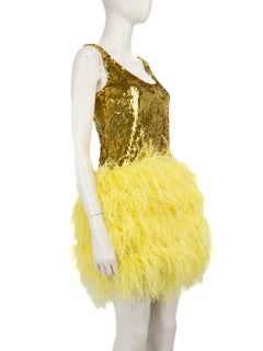 Valentino Garavani Yellow Feather-Trimmed Sequinned Mini Dress Size XXS
