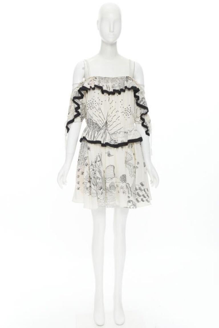 VALENTINO Vestido de seda con hombros descubiertos y estampado ilustración jardín IT40 S en venta 8