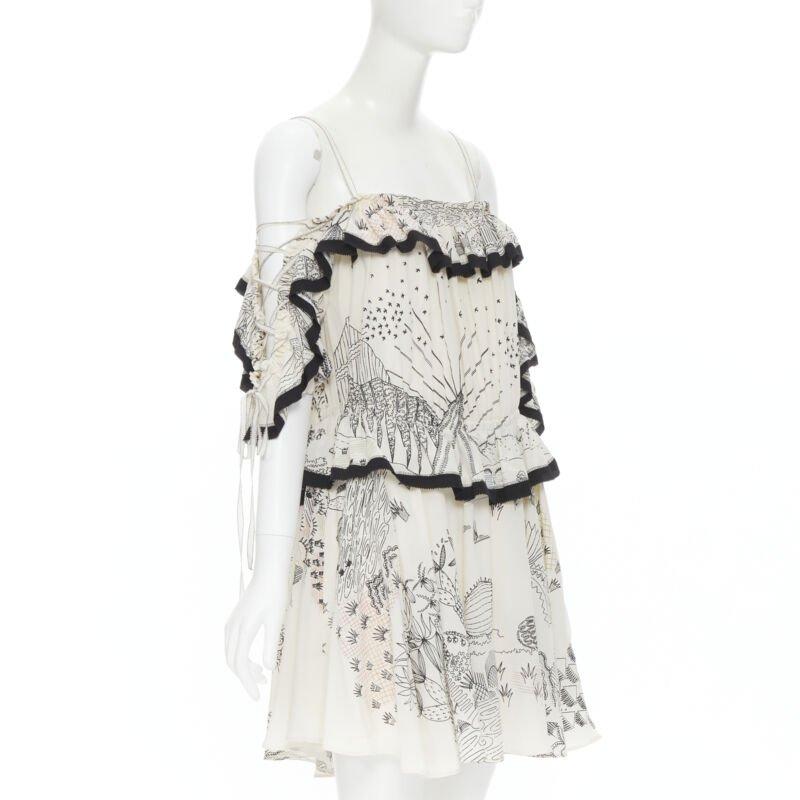 VALENTINO Vestido de seda con hombros descubiertos y estampado ilustración jardín IT40 S Gris en venta