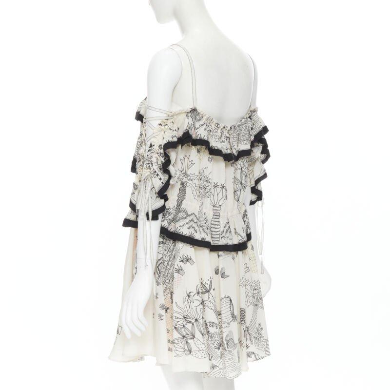 VALENTINO Vestido de seda con hombros descubiertos y estampado ilustración jardín IT40 S en venta 2