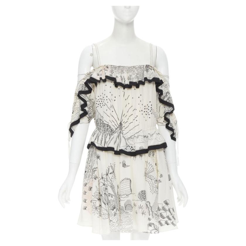 VALENTINO Vestido de seda con hombros descubiertos y estampado ilustración jardín IT40 S en venta