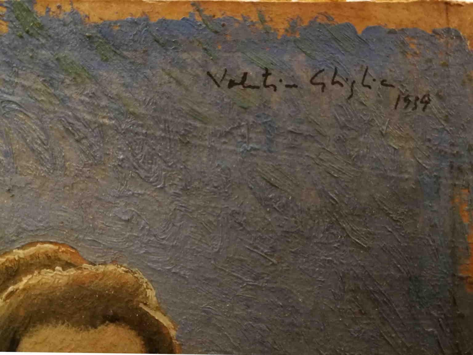 Signiert und datiert Tuscan Ghiglia Weibliche Porträtmalerei Dreißiger Jahre Öl Bord (Braun), Figurative Painting, von Valentino Ghiglia