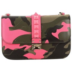 Valentino Glam Lock Shoulder Bag Camo Leather and Canvas Medium