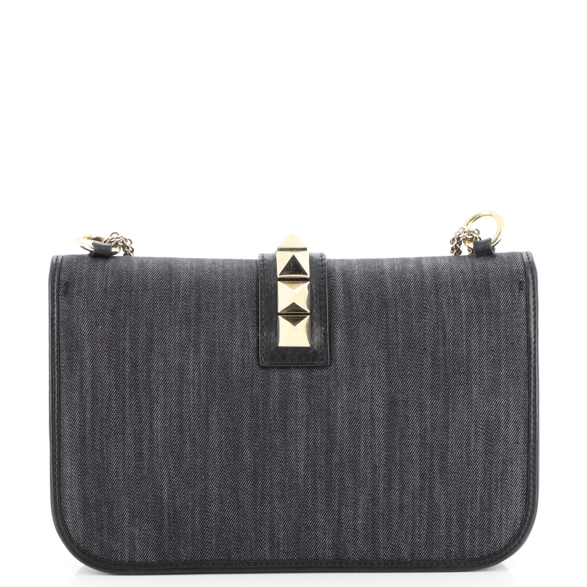 Black Valentino Glam Lock Shoulder Bag Denim Medium