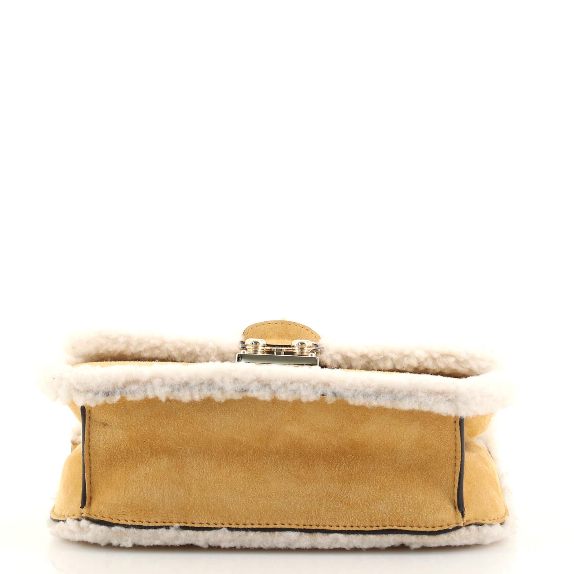 Beige Valentino Glam Lock Shoulder Bag Suede with Shearling Small