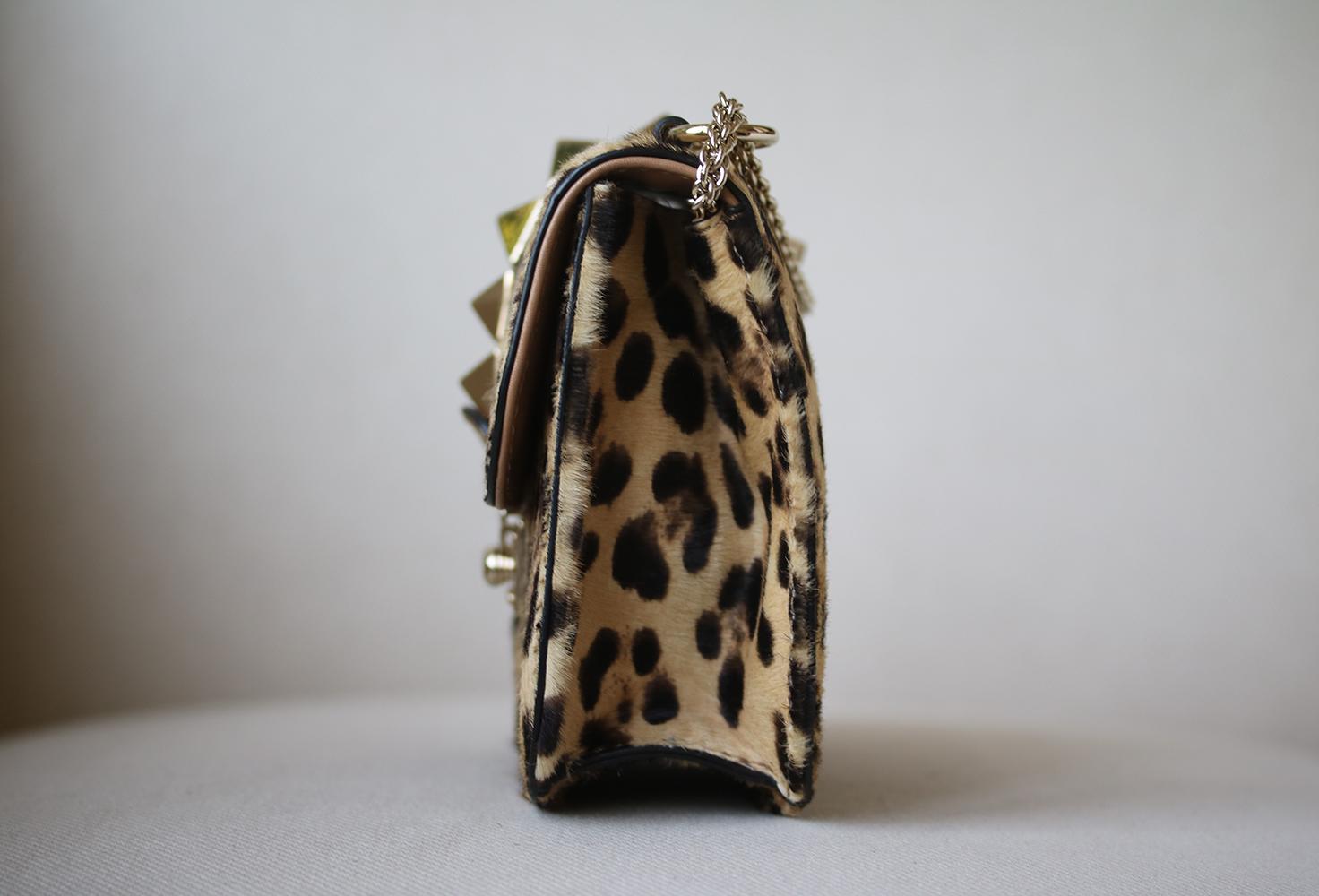 Black Valentino Glam Lock Small Calf-Hair Leopard-Print Shoulder Bag 